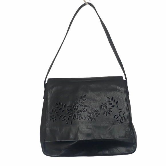 Banana Republic Handbags - Banana Republic Floral Laser Cut Black Leather Flap Shoulder Bag